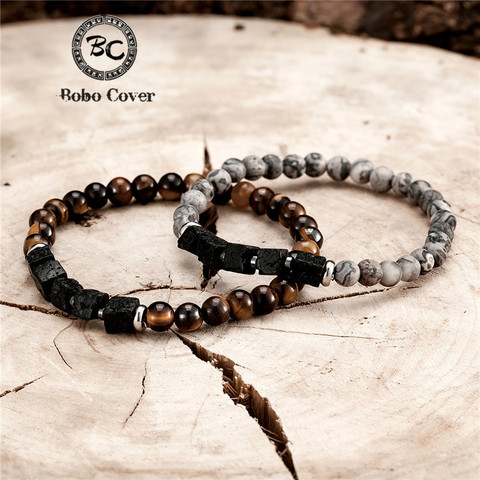 Hombres Vintage Plaza roca de lava piedra pulsera de las mujeres naturales accesorios hecho a mano pulseras de pareja de Yoga homme de la joyería pulsera ► Foto 1/6