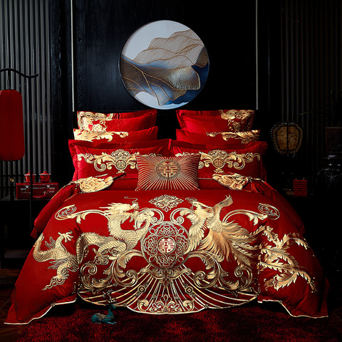 Nuevo rojo de lujo Fénix Dorado Loong bordado Boda China 100% juego de cama de algodón de cama funda nórdica hoja de cama fundas de almohada ► Foto 1/6