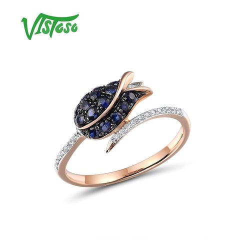 VISTOSO puro 14K 585 anillo de oro rosa para mujer anillo brillante diamante azul zafiro compromiso de boda de lujo elegante joyería fina ► Foto 1/6