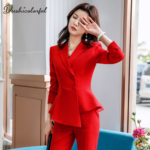 Chaqueta de Chaqueta roja ajustada para mujer, traje de trabajo para oficina, chaqueta de doble botonadura con volantes, color liso ► Foto 1/1