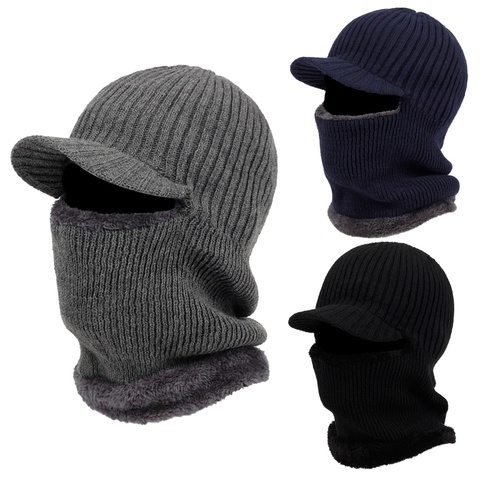 Pasamontañas de punto para hombre, gorro con visera, forro de felpa, máscara calentadora para el cuello ► Foto 1/6