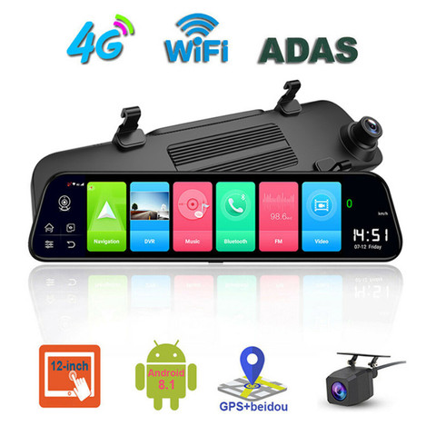 4G cámara de salpicadero de 12 pulgadas espejo retrovisor para coche ADAS Android 8,1 FHD Auto Recorder GPS navegación cámara de salpicadero era vista trasera del coche del espejo DVR ► Foto 1/6