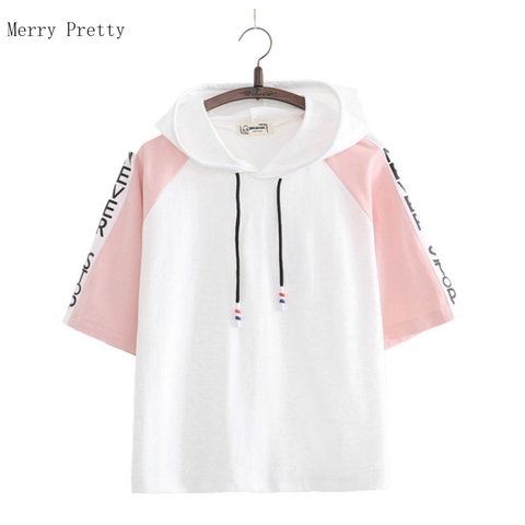 Camiseta informal para mujeres con capucha y estampado de letras, camisetas de manga corta con cuello redondo, Top fino coreano para uso diario, 2022 ► Foto 1/1
