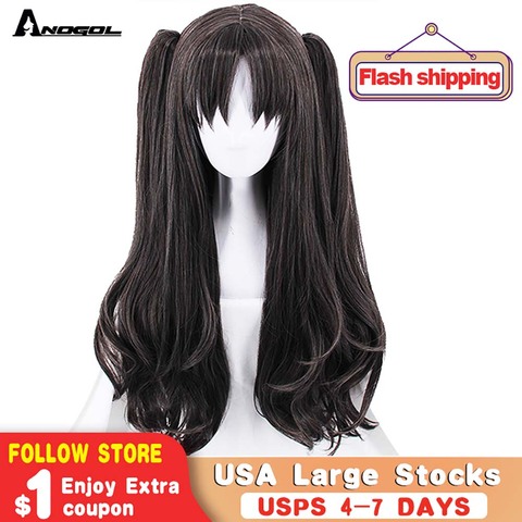 Anogol-Peluca de Cosplay de Anime Fate/Grand Order Tohsaka Rin, coleta negra de doble Clip, peluca de cabello sintético de ondas largas para fiesta de Halloween + gorro ► Foto 1/5