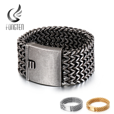 Pulsera de eslabones de malla para hombre de marca Fongten, pulsera Punk Vintage de Metal y acero inoxidable para hombre, joyería Pulseras anchas ► Foto 1/6