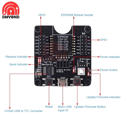 ESP8266 prueba Junta Placa de desarrollo, módulo WIFI quemador para ESP-01 ESP-01S ESP-12E ESP-12F ESP-12S ESP-18T transceptor inalámbrico ► Foto 1/6