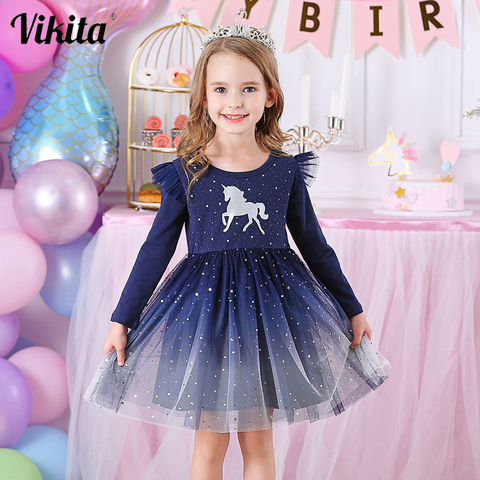 VIKITA-vestido de princesa de manga larga para niñas, ropa de Fiesta infantil, tutú, informal ► Foto 1/6