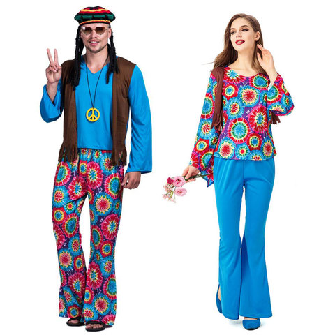 Umorden adulto Retro 60s 70s Hippie amor, paz Cosplay traje de los hombres y las mujeres parejas de Halloween fiesta de Purim disfraces ► Foto 1/6