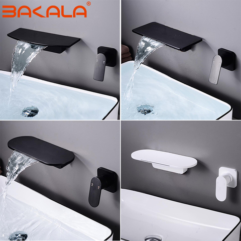 Bakalacascada-grifo de baño montado en la pared, grifería de bañera, estante grande, plataforma, mezclador de agua, color blanco y negro mate ► Foto 1/6