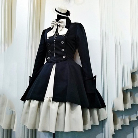 Vestido Vintage gótico Lolita, lazo con volante OP, botón de lazo, hasta la rodilla, manga larga, 2022 ► Foto 1/5