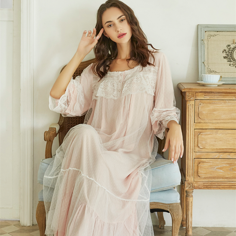 Camisón largo de encaje de algodón para mujer, ropa de dormir romántica, camisón de princesa, moda 2022 ► Foto 1/5