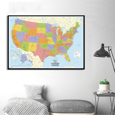 Mapa de los Estados Unidos de tamaño A2, póster de arte de pared e impresiones, pintura en lienzo, mapa de América, decoración de hogar y oficina, suministros escolares ► Foto 1/6