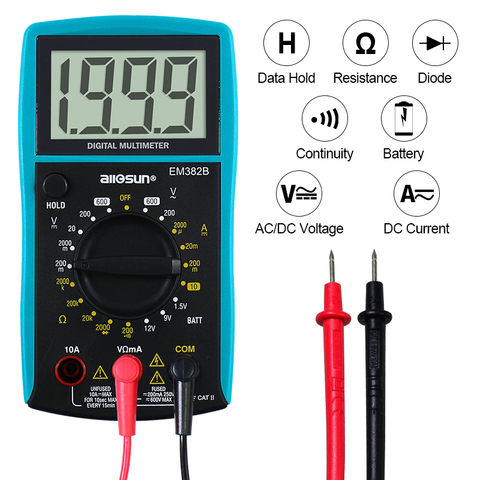 all-sun EM382B LCD multímetro Digital DC/AC voltímetro continuidad batería diodo probador Barco de Rusia ► Foto 1/6