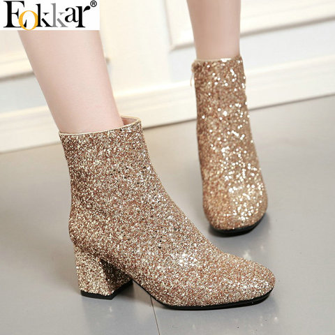 Eokkar 2022 mujeres brillo tobillo botas cuadrada tacón alto brillante botas cortas para invierno lentejuelas todo encuentro damas botines tamaño 34-43 ► Foto 1/6