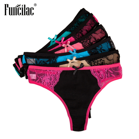 Tanga de encaje Sexy para mujer, tangas de algodón, Bikini, bragas, ropa interior de damas, conjunto de bragas, ropa interior a rayas, lencería, 5 unids/lote, FUNCILAC ► Foto 1/6