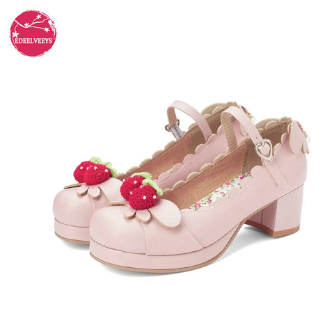 La Princesa Lolita chicas zapatos Mary Jane dulce de las mujeres vestido de fiesta Cosplay boda bombas Chunky tacones medios de fresa de talla grande 34-48 ► Foto 1/6