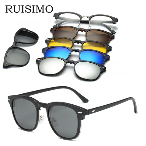 RUISIMO 5 lenes Magnet Sunglasses Clip Mirrored Clip on Sunglasses clip on glasses Men Polarized Custom Prescription Myopia ► Foto 1/6
