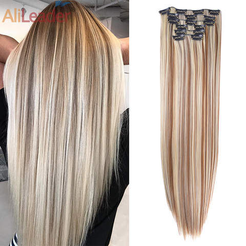 AliLeader-extensiones de pelo largo y recto para mujer, 16 pinzas, negro Natural, 6 unids/set, 22 pulgadas, pelo sintético ► Foto 1/6