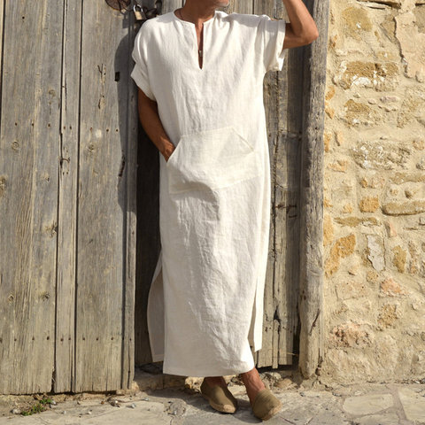 INCERUN hombres trajes vestido árabe musulmana islámica con cuello en V de manga corta sólido CottonThobe prendas Vintage de talla grande Arabia hombre abaya ► Foto 1/6