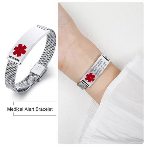 Pulsera de malla con alerta médica personalizada para hombres y mujeres, pulsera para diabéticos con identificación, de acero inoxidable, para emergencias y alergias ► Foto 1/6