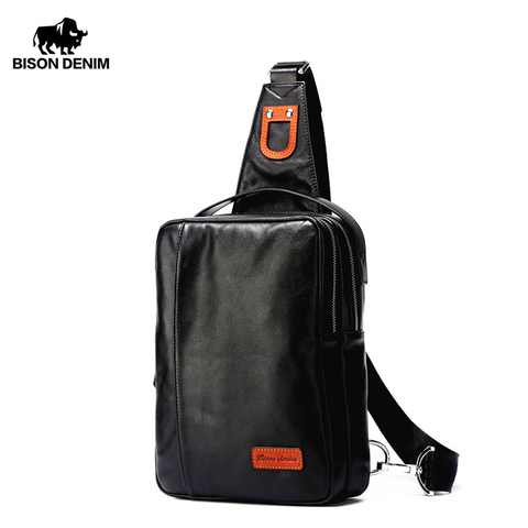 BISON DENIM Pecho Pequeño Bolso Crossbody de Cuero Genuino Ipad ProMens bolsas Negro Suave Piel De Vaca Ocasional Pecho Bolso de la Honda Para El Varón N2425 ► Foto 1/6