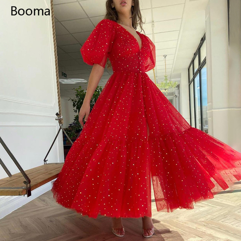 Booma-vestidos de noche con cuello en V brillante, rojo, mangas abombadas, acampanados, estrellados, de tul, para fiesta Formal ► Foto 1/5