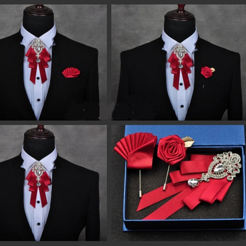 Alta calidad, moda hecha a mano, pajarita de diamante rojo, corbata de lazo para boda, broche, bolsillo, toalla, conjunto cuadrado, regalos para hombres, accesorios ► Foto 1/6