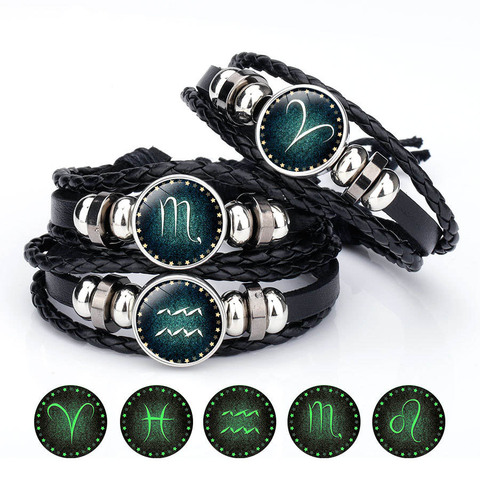 Pulsera y brazalete con signo del zodiaco para hombre y mujer, cadena de cuerda de cuero con colgante de constelaciones de cristal, joyería de moda, 12 Uds. ► Foto 1/6