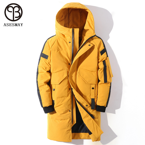 Asesmay-Chaqueta de plumón de pato para hombre, Parkas largas y cálidas con capucha, prendas de vestir amarillas, ropa de marca de lujo, chaquetas de invierno ► Foto 1/6