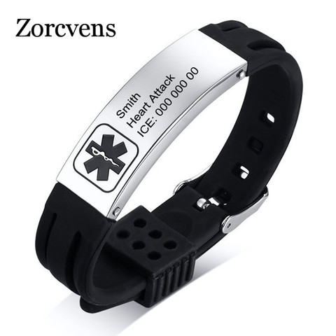 ZORCVENS-brazaletes médicos de silicona con grabado de acero inoxidable, pulseras deportivas de identificación de emergencia para hombres y mujeres, accesorios 2022 ► Foto 1/6