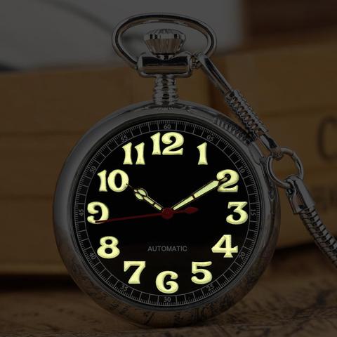 Reloj de bolsillo automático mecánico con esfera luminosa, reloj de bolsillo con cuerda automática, cadena de serpiente de lujo, fluorescente, noctilucente ► Foto 1/6