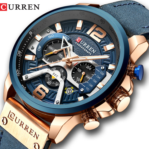 CURREN-Reloj deportivo para hombre, pulsera de cuero, deportivos, de piel militar, esfera de segundos/minutos, masculino ► Foto 1/6