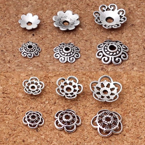 Tapas de cuentas de flores de plata tibetana, soporte de 8mm, 10mm, 12mm, Vintage, cuentas hechas a mano, tapón, accesorios de joyería DIY, 100 Uds. ► Foto 1/6