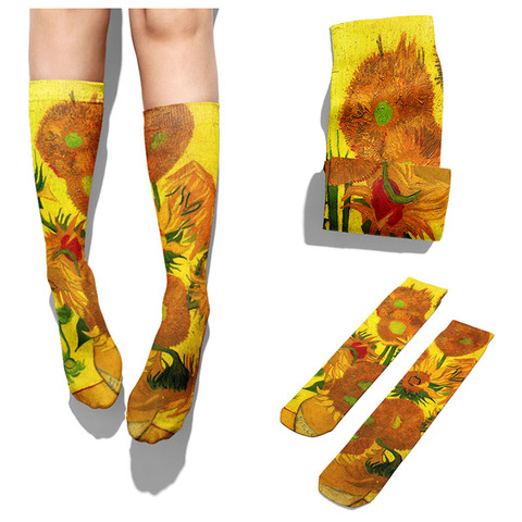 Calcetines largos de algodón elástico para hombre y mujer, calcetín de compresión transpirable, estilo Casual, con estampado de girasol de Van Gogh, novedad ► Foto 1/6