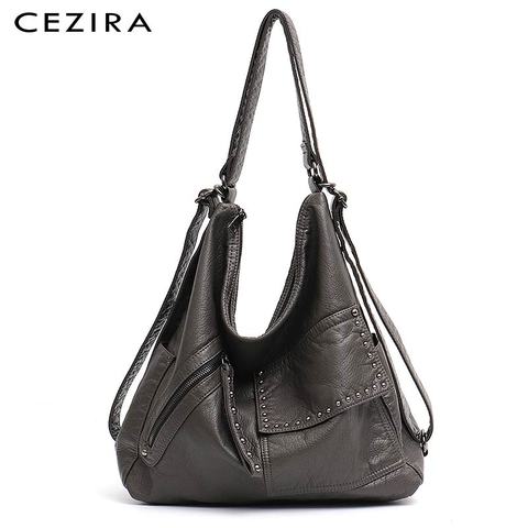 CEZIRA-mochila de PU lavada para mujer, bandoleras de piel vegana suave de lujo, bolso escolar grande funcional, mochilas Chic con remaches ► Foto 1/6