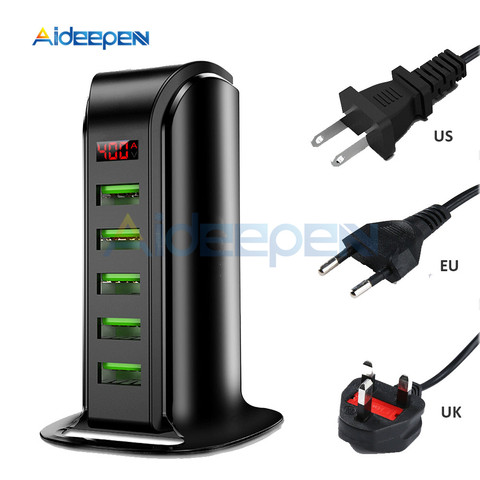 5 Puerto USB cargador HUB pantalla LED estación de carga USB con acoplamiento Universal del teléfono móvil de escritorio pared cargadores casa Reino Unido UE nos enchufe ► Foto 1/6