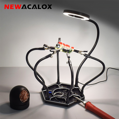 NEWACALOX-Herramienta de soldadura de tres manos, Bola de limpieza de Punta de soldadura con lupa iluminada con LED 3X, soporte de PCB de Base pesada ► Foto 1/6