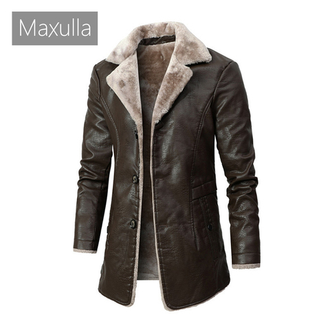 Maxulla-Chaqueta de invierno de cuero sintético para hombre, chaqueta informal de lana cálida para motocicleta, abrigo de cuero entallado de longitud media ► Foto 1/1