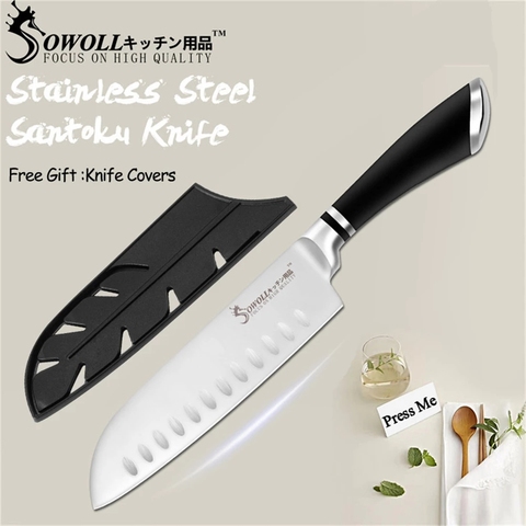 Sowoll japonés cuchillo Santoku 7 pulgadas de acero de alto carbono de alta cocina cuchillo de Chef para carne Sushi de salmón pescado cuchillo para cortar fruta con cubierta ► Foto 1/6