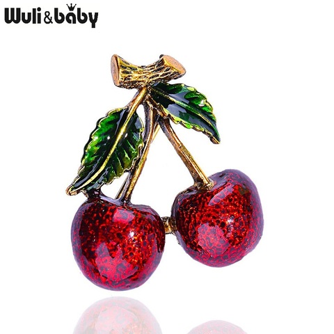 Wuli & baby-broches de cereza esmaltados para mujer, broche de frutas cereza Rojas, fiesta, informal, oficina, regalos ► Foto 1/4