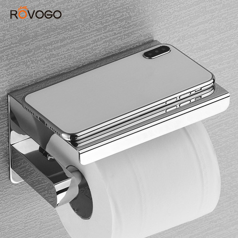 ROVOGO SUS 304 soporte de papel higiénico de acero inoxidable con estante para teléfono, soporte de pañuelos para el baño portarrollos de papel higiénico ► Foto 1/6