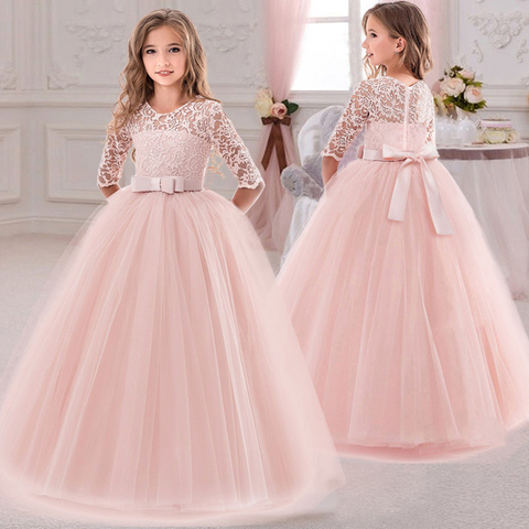 Vestido de dama de honor de encaje blanco para niñas, vestidos infantiles para niñas, fiesta de princesa, boda, Media manga, para invierno, 2022 ► Foto 1/6