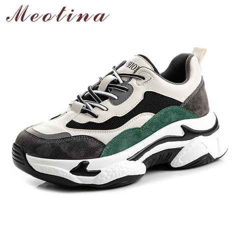 Meotina-zapatillas de deporte planas para mujer, zapatos de plataforma plana de cuero genuino, colores mixtos, zapatos de punta redonda, talla 39, Otoño e Invierno ► Foto 1/6