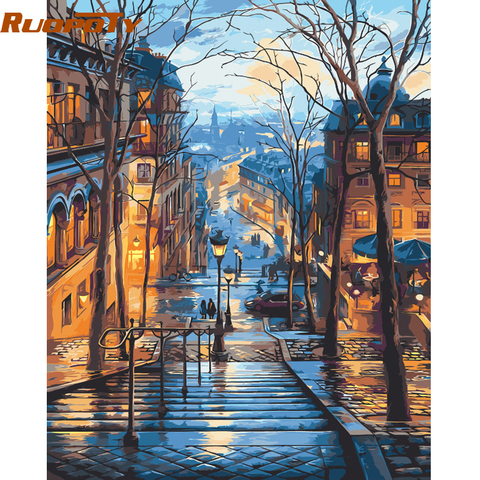 RUOPOTY-pintura por números de paisaje de ciudad de noche, lienzo de lienzo por números para colorear, cuadro artístico de pared para decoración del hogar, 60x75cm ► Foto 1/6