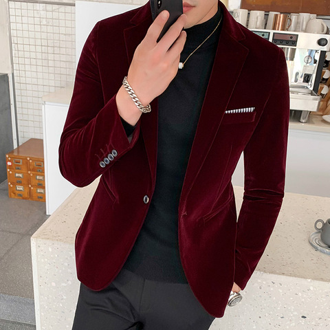 Borgoña chaqueta de terciopelo hombre 2022 de moda chaqueta Casual hombres novio de boda Boda de traje de cantante Slim Blazer vestido de noche Formal M-5XL ► Foto 1/6