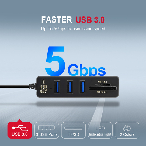 Universal Mini Hub USB 3,0 de alta velocidad USB Splitter 3 puertos Hub con lector de tarjetas TF SD 6 Puerto 2,0 Hab adaptador de accesorios para PC ► Foto 1/6