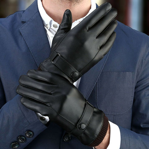 Guantes de invierno de cuero para hombre y mujer, manoplas de Cachemira a prueba de viento, impermeables, con pantalla táctil, de lana cálida, color negro ► Foto 1/6