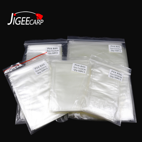 ¿JIGEECARP 50 Uds pesca bolsas de PVA de disolución rápida del medio ambiente pesca Material abordar carpa cebo bolsas de 5*10cm 7*10cm, etc.? ► Foto 1/6