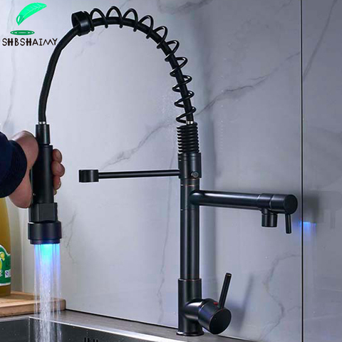 SHBSHAIMY-grifo cromado negro para cocina, luz LED extraíble, resorte, doble caño giratorio, mezclador caliente ► Foto 1/6