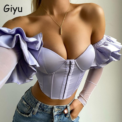 Giyu-Blusa de satén con hombros descubiertos para verano y otoño, camisa Sexy con volantes para mujer, Espalda descubierta, con relleno, 2022 ► Foto 1/6